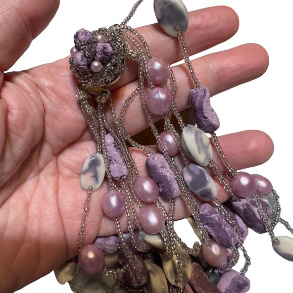 Vintage Japan Multi Strand Stone, Resin, Bead Necklace - Picture 5 of 8